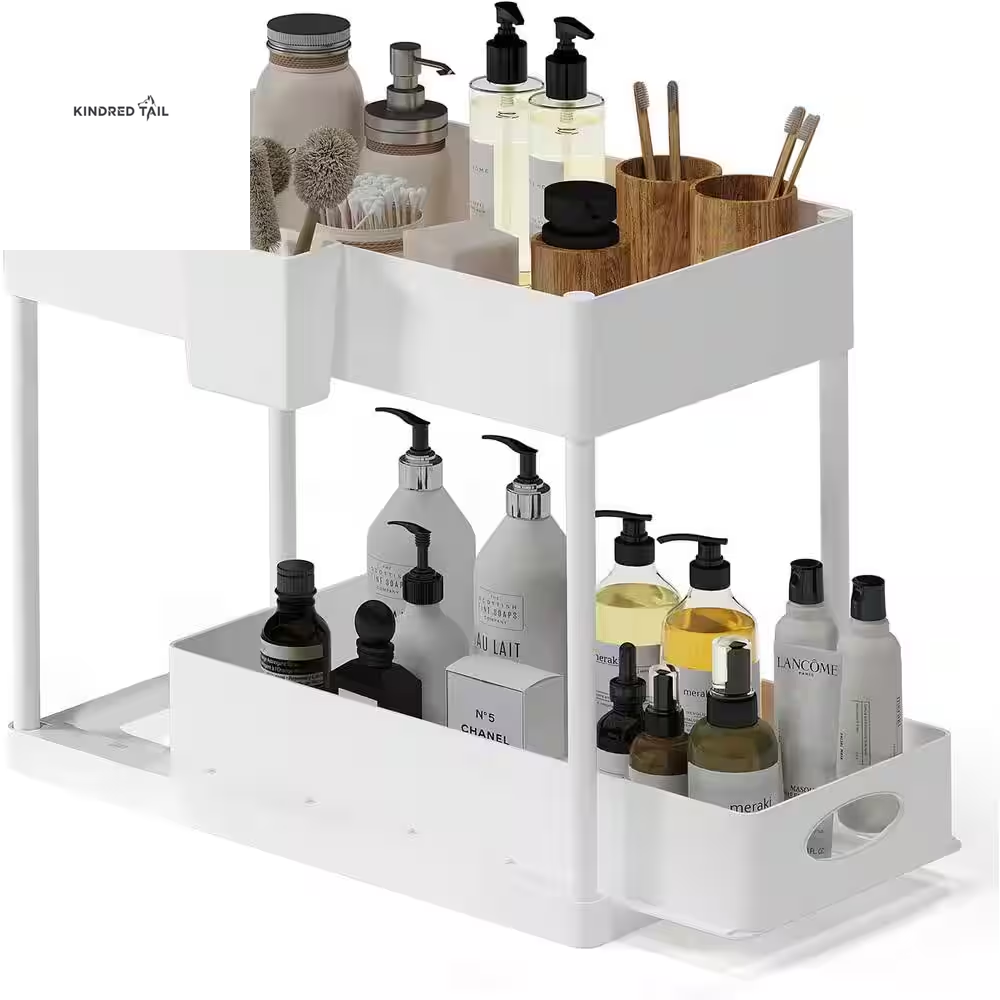 2-Tier Black Sliding Under Sink Organizer – Pull Out Cabinet Storage Basket Drawer, Heavy Duty Under Cabinet Organizer for Kitchen & Bathroom, Space Saving Storage Solution