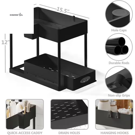 2-Tier Black Sliding Under Sink Organizer – Pull Out Cabinet Storage Basket Drawer, Heavy Duty Under Cabinet Organizer for Kitchen & Bathroom, Space Saving Storage Solution