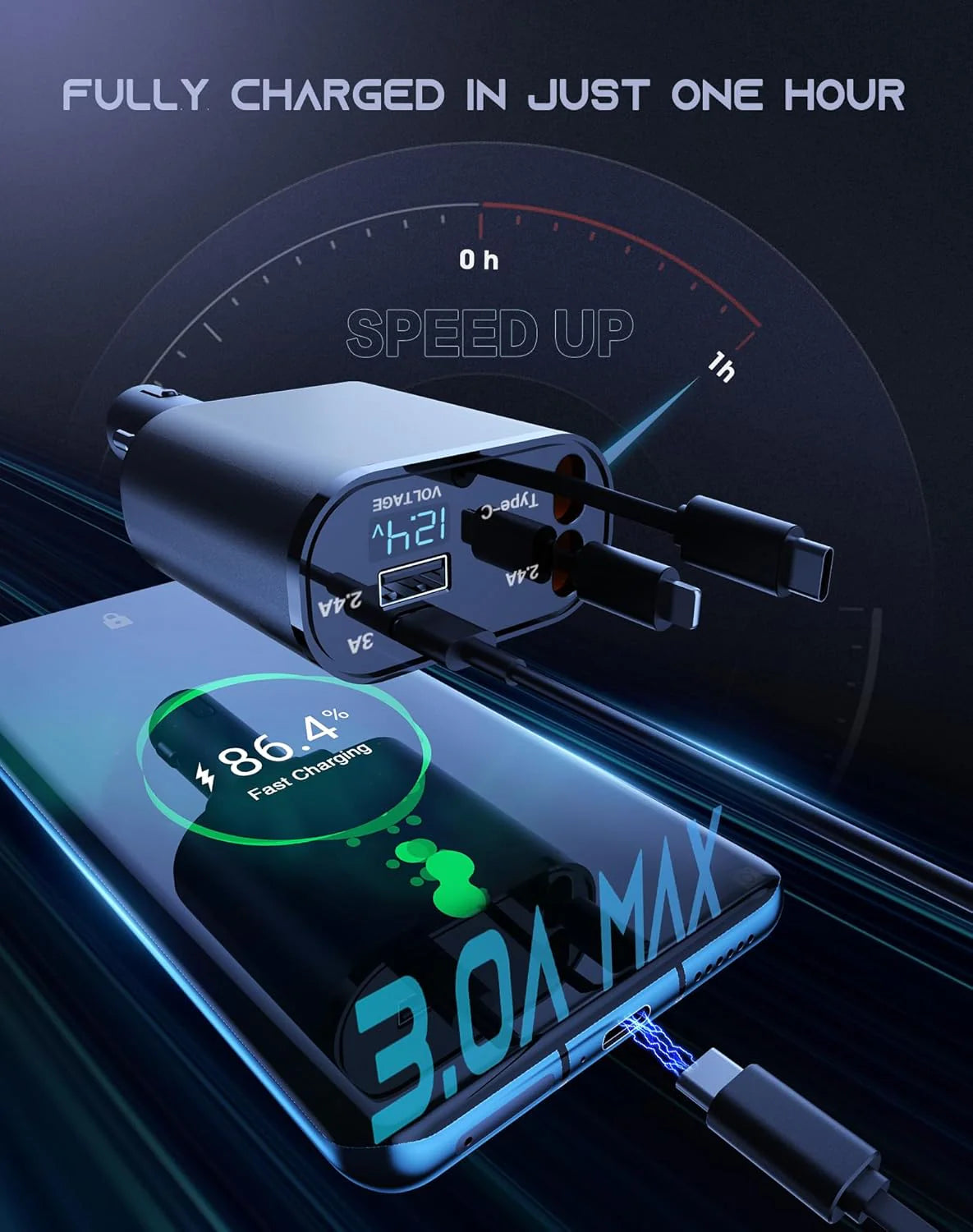 Retractable Car Charger - 4 in 1 Fast Car Phone Charger, 120W with USB Type C Cable