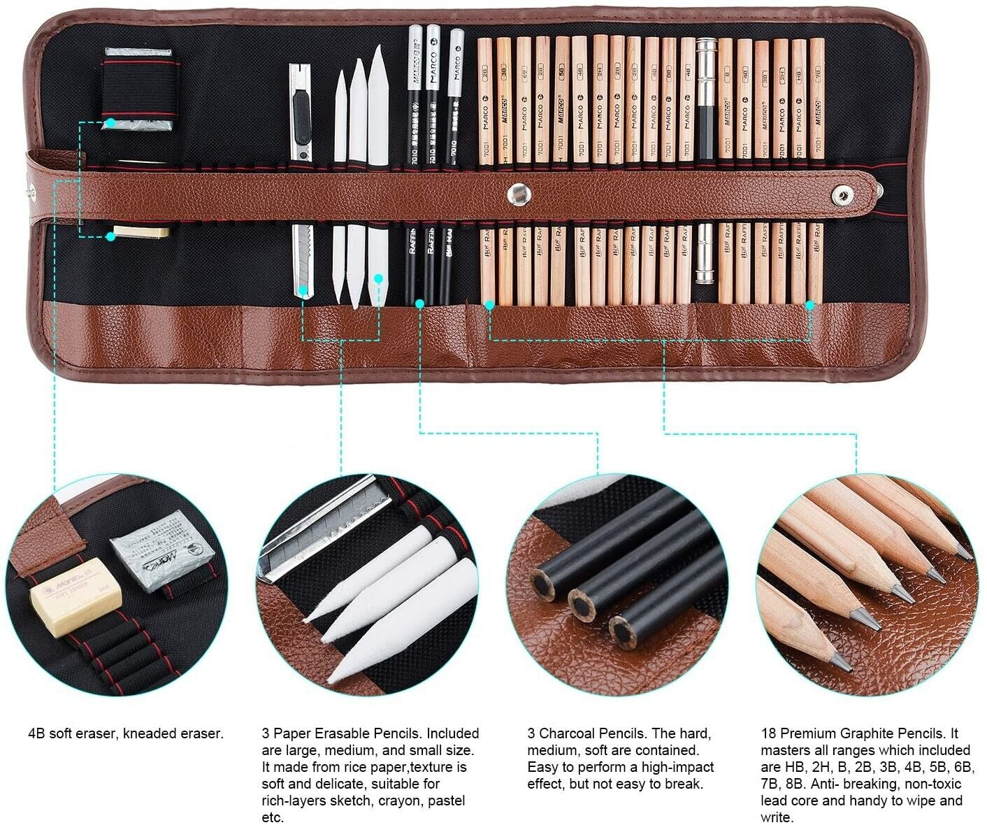 AD - 29PCS Professional Drawing Artist Kit Set Pencils and Sketch Charcoal Art Tools