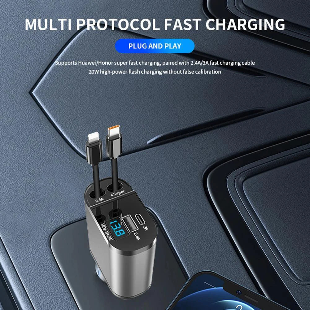 Retractable Car Charger - 4 in 1 Fast Car Phone Charger, 120W with USB Type C Cable