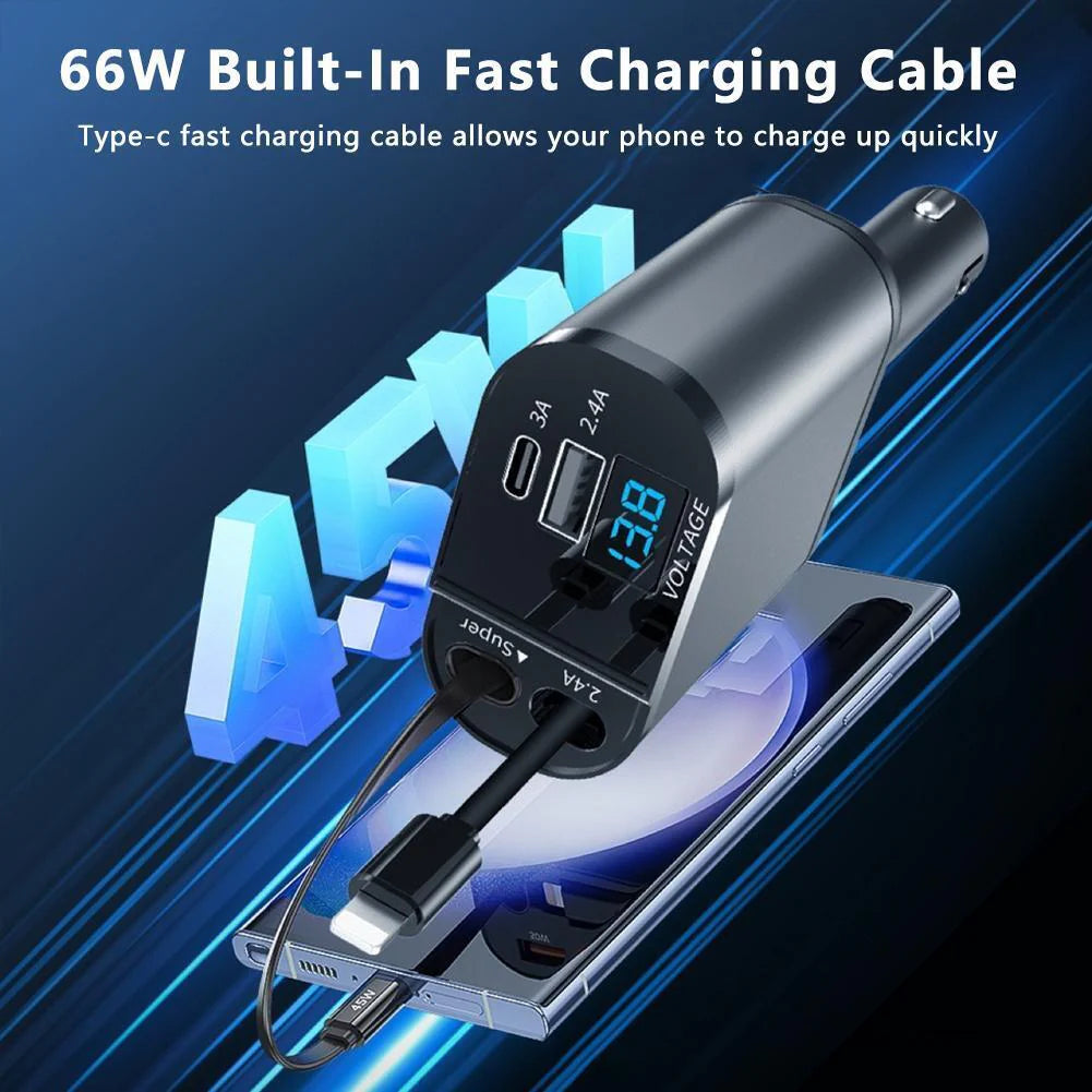 Retractable Car Charger - 4 in 1 Fast Car Phone Charger, 120W with USB Type C Cable