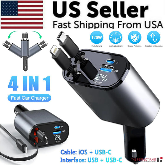 Retractable Car Charger - 4 in 1 Fast Car Phone Charger, 120W with USB Type C Cable