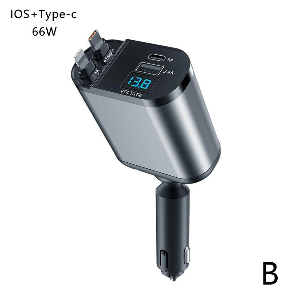 Retractable Car Charger - 4 in 1 Fast Car Phone Charger, 120W with USB Type C Cable