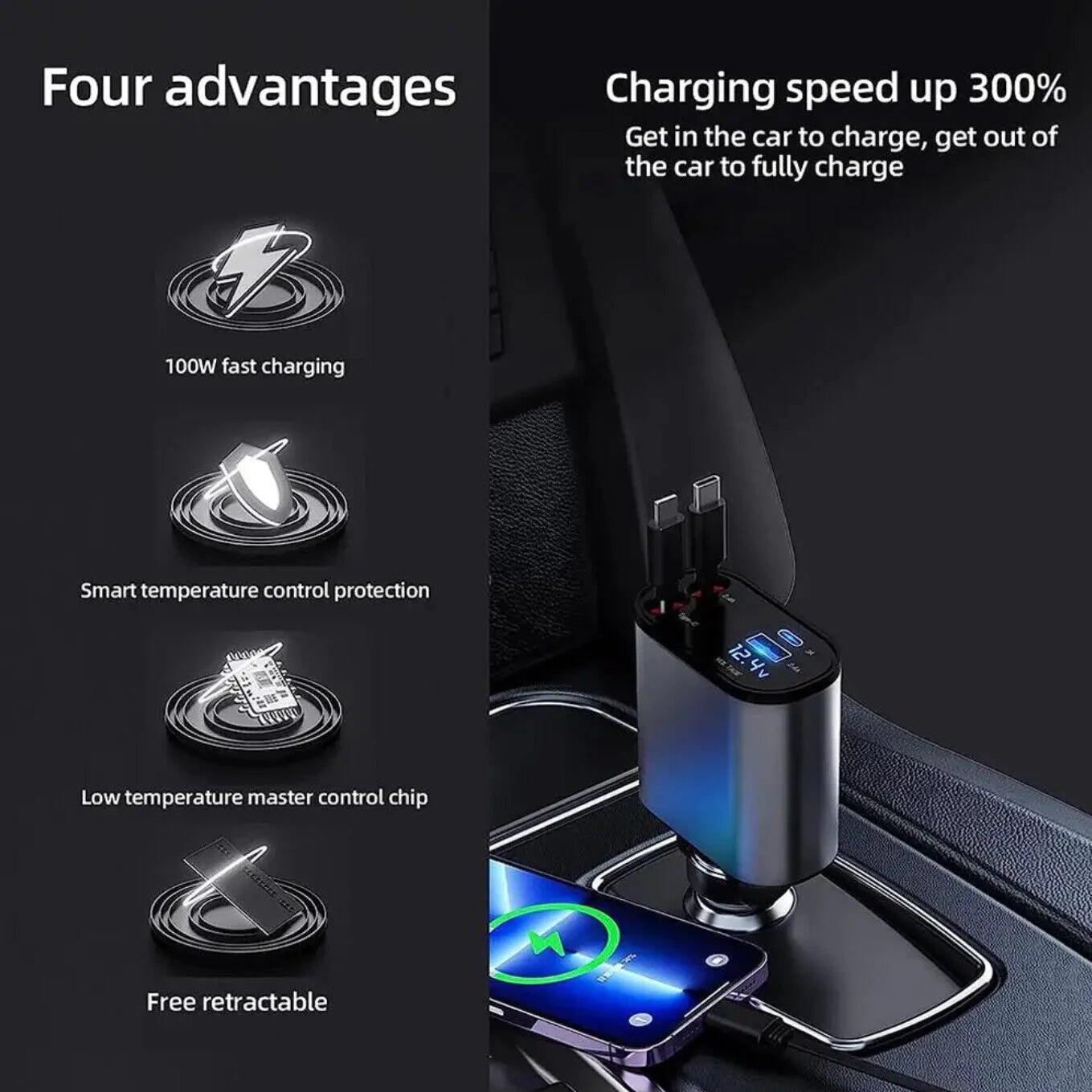 Retractable Car Charger - 4 in 1 Fast Car Phone Charger, 120W with USB Type C Cable