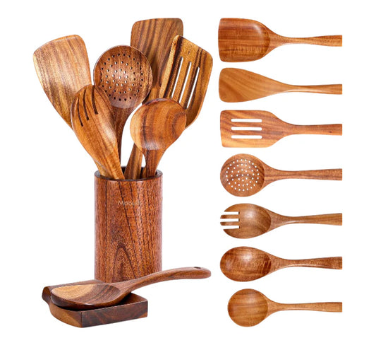 AD - 9 Piece Natural Teak Wooden Kitchen Utensil Set with Spoon Rest - Comfort Grip Cooking Spoons and Utensils Holder