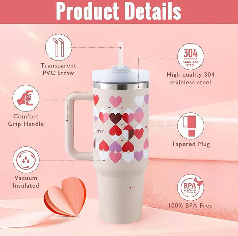 Tumbler with Handle Straw - 40 Oz Insulated cup, Stainless Steel Spill Proof Vacuum Coffee Cup, Tumbler with Lid Tapered Mug Gifts for Valentine Lover Suitable for Car Gym Office Travel