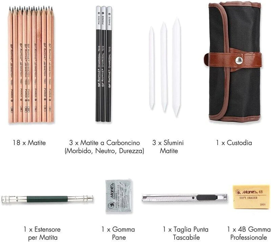 AD - 29PCS Professional Drawing Artist Kit Set Pencils and Sketch Charcoal Art Tools