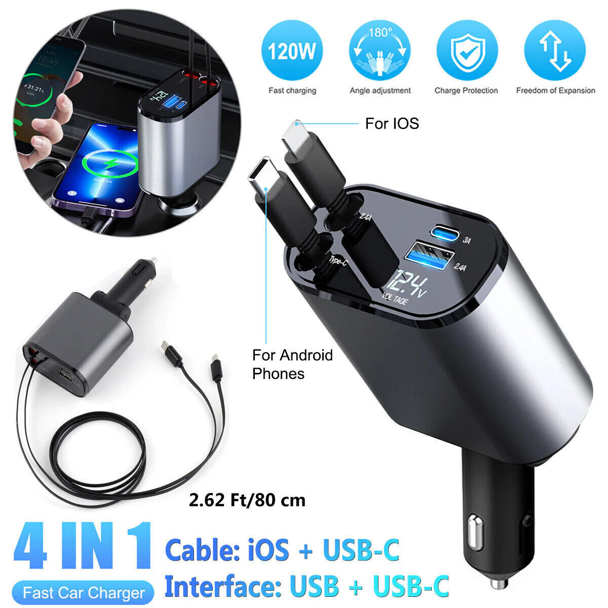 Retractable Car Charger - 4 in 1 Fast Car Phone Charger, 120W with USB Type C Cable