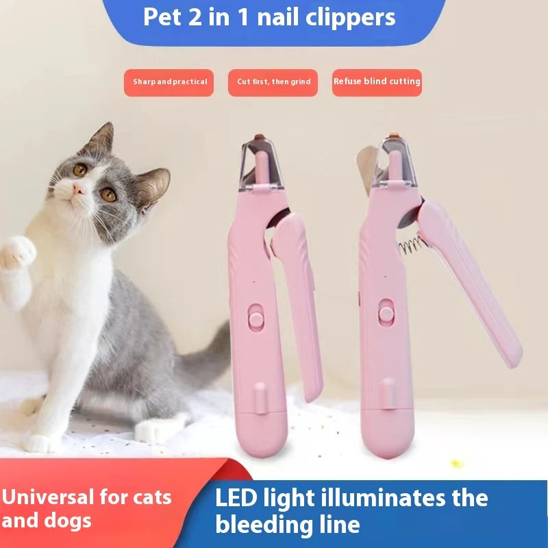 AD - 2 in 1 Pet Nail Clippers with Led Light Dog Cat Special Blood Line Scissors Multifunction Animals Paw Nail Trimmer Pet Supplies
