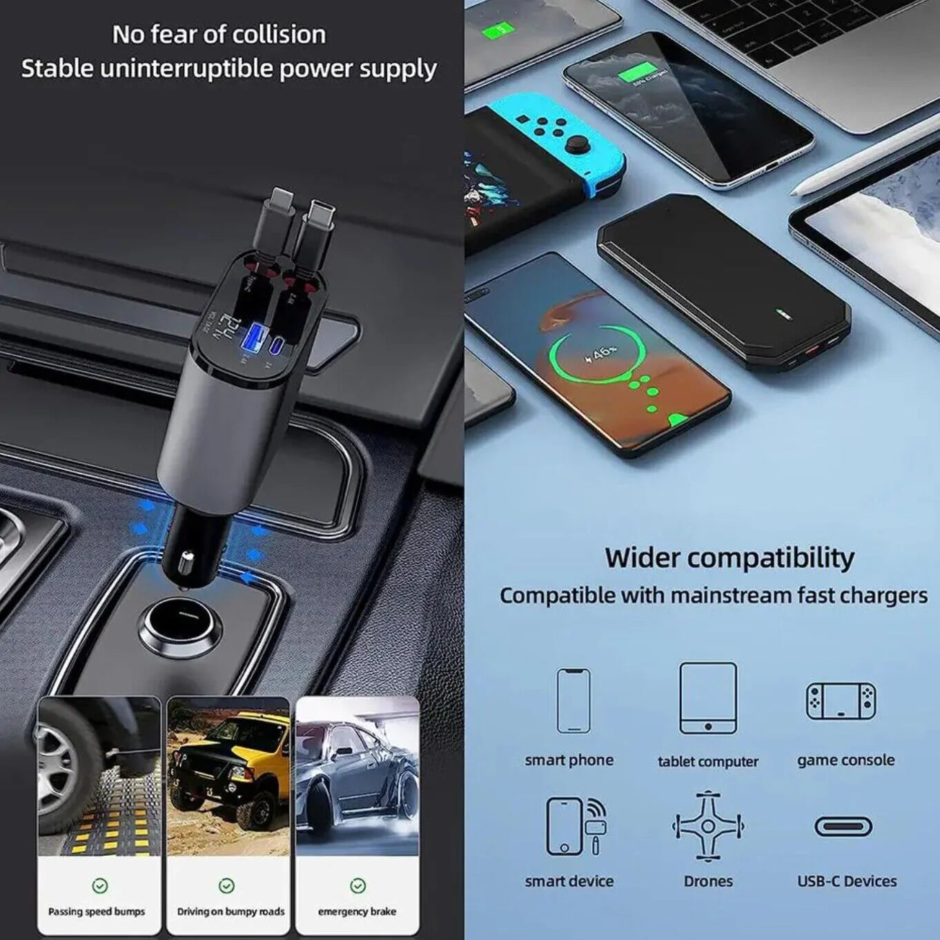 Retractable Car Charger - 4 in 1 Fast Car Phone Charger, 120W with USB Type C Cable