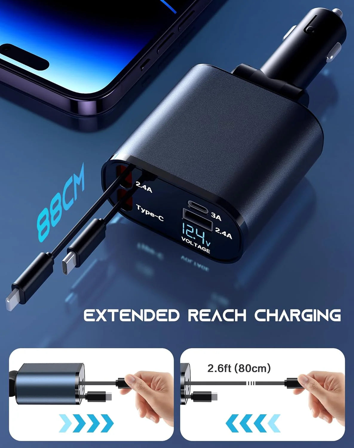 Retractable Car Charger - 4 in 1 Fast Car Phone Charger, 120W with USB Type C Cable