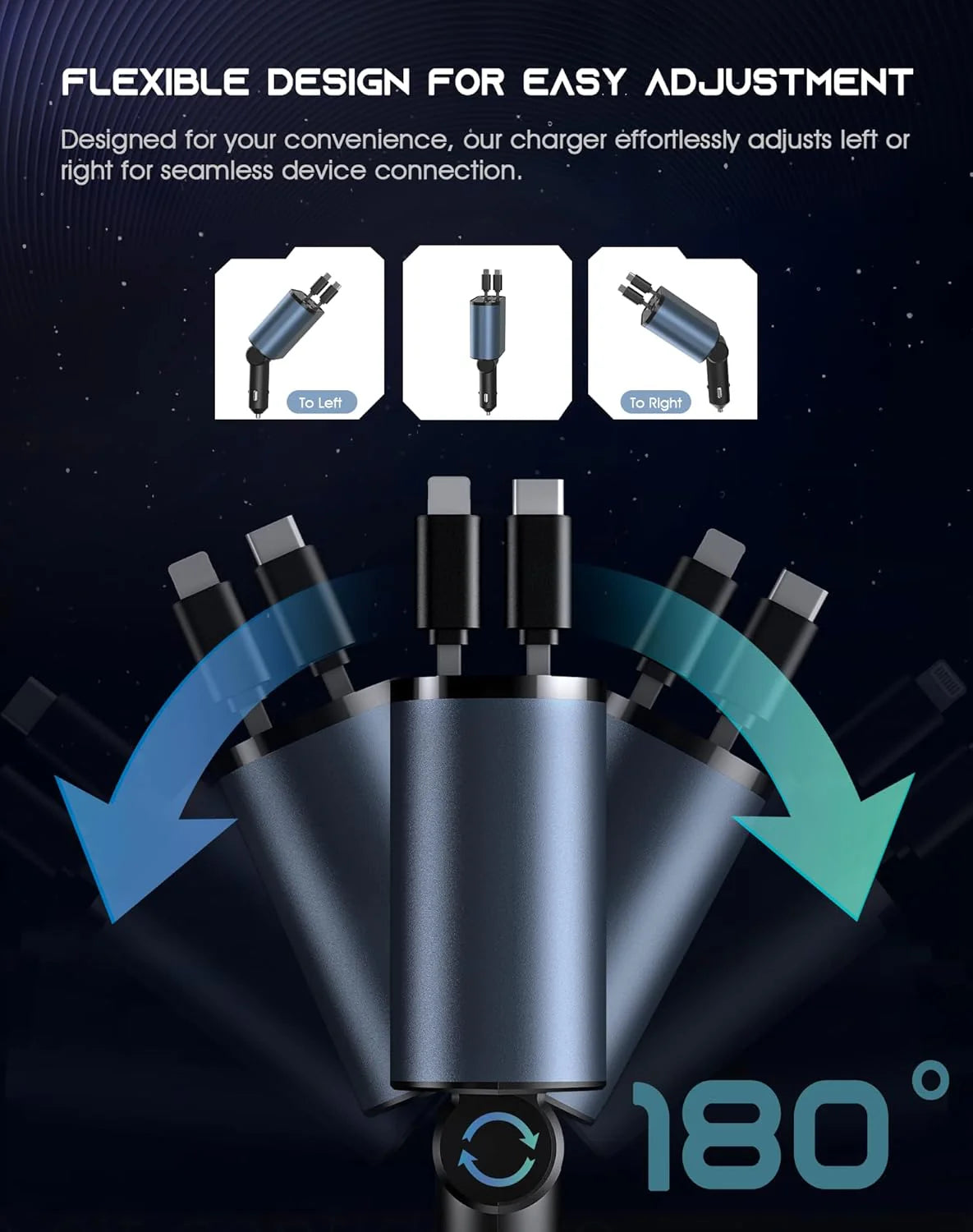 Retractable Car Charger - 4 in 1 Fast Car Phone Charger, 120W with USB Type C Cable