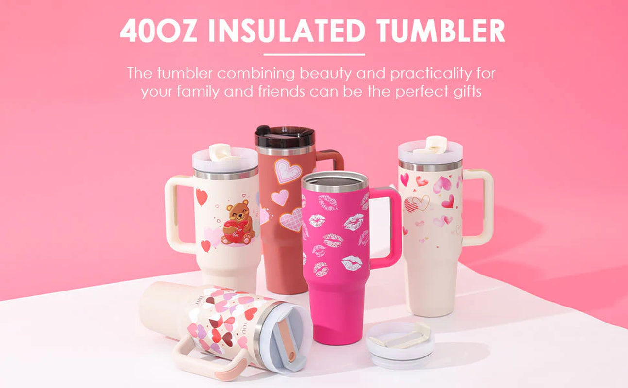Tumbler with Handle Straw - 40 Oz Insulated cup, Stainless Steel Spill Proof Vacuum Coffee Cup, Tumbler with Lid Tapered Mug Gifts for Valentine Lover Suitable for Car Gym Office Travel