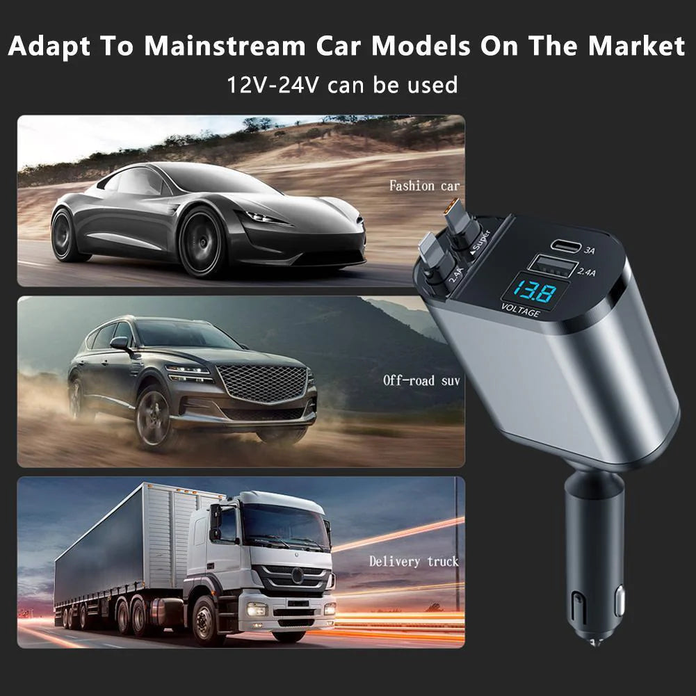 Retractable Car Charger - 4 in 1 Fast Car Phone Charger, 120W with USB Type C Cable