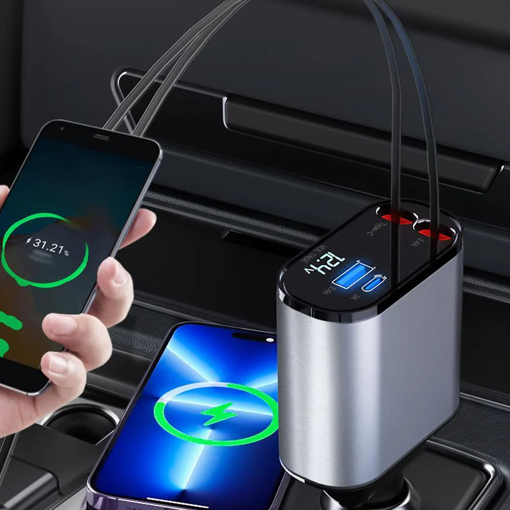 Retractable Car Charger - 4 in 1 Fast Car Phone Charger, 120W with USB Type C Cable