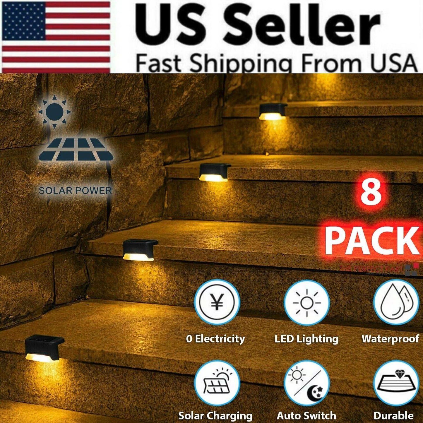 AD - 8 Pack New Solar Deck Lights Outdoor Waterproof LED Steps Lamps for Stairs Fence