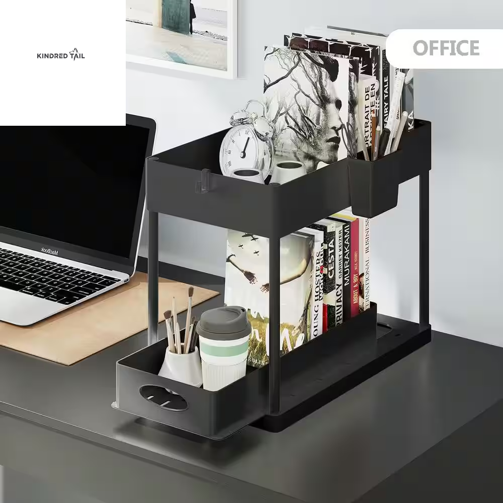 2-Tier Black Sliding Under Sink Organizer – Pull Out Cabinet Storage Basket Drawer, Heavy Duty Under Cabinet Organizer for Kitchen & Bathroom, Space Saving Storage Solution