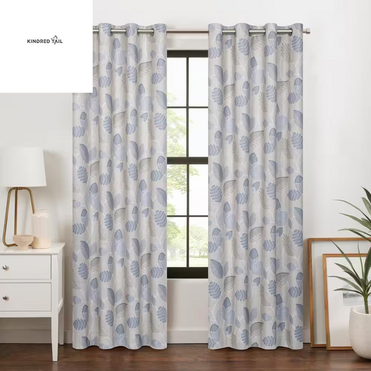 H - Larissa Leaf Sky Blue 100% Blackout Curtain Panel, 50 x 63 Inch, Botanical Print Polyester Drapes with Grommet Top, Thermal Insulated Room Darkening Window Treatment for Bedroom & Living Room, Single Panel