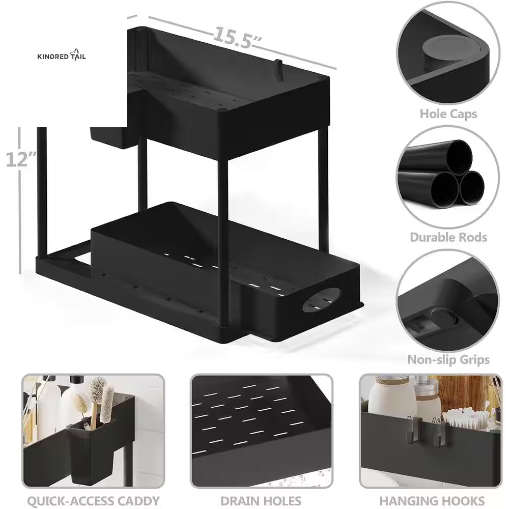 2-Tier Black Sliding Under Sink Organizer – Pull Out Cabinet Storage Basket Drawer, Heavy Duty Under Cabinet Organizer for Kitchen & Bathroom, Space Saving Storage Solution