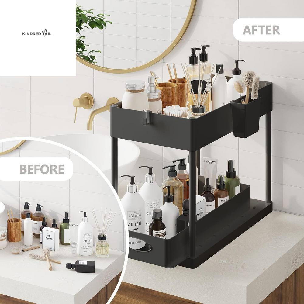 2-Tier Black Sliding Under Sink Organizer – Pull Out Cabinet Storage Basket Drawer, Heavy Duty Under Cabinet Organizer for Kitchen & Bathroom, Space Saving Storage Solution