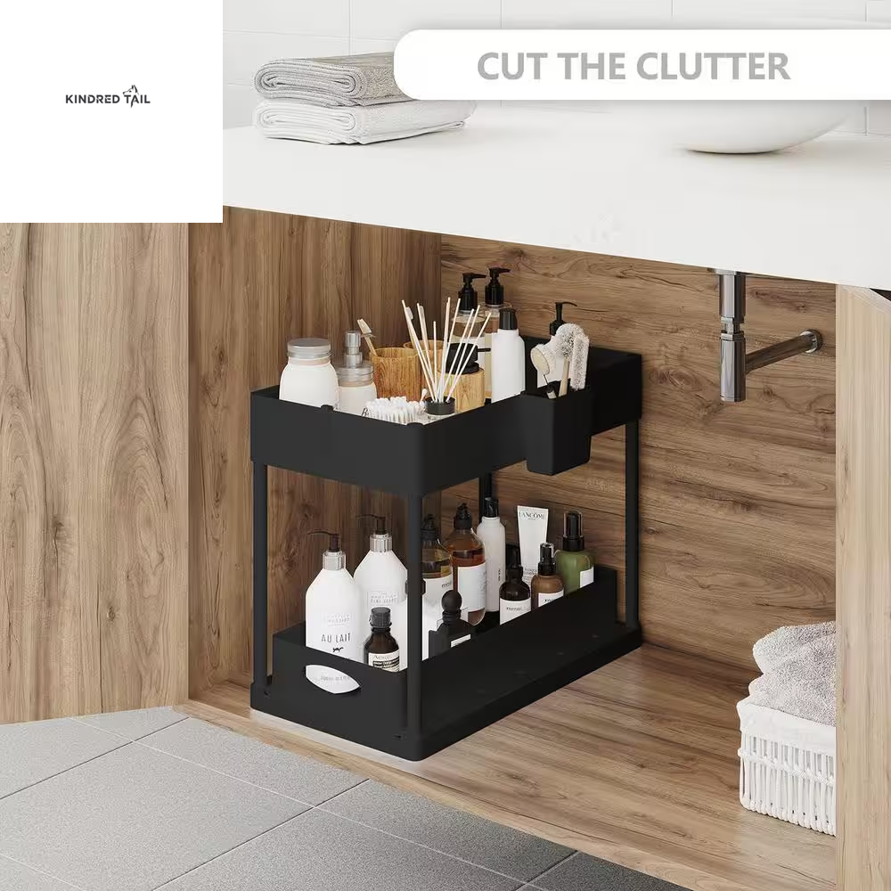 2-Tier Black Sliding Under Sink Organizer – Pull Out Cabinet Storage Basket Drawer, Heavy Duty Under Cabinet Organizer for Kitchen & Bathroom, Space Saving Storage Solution