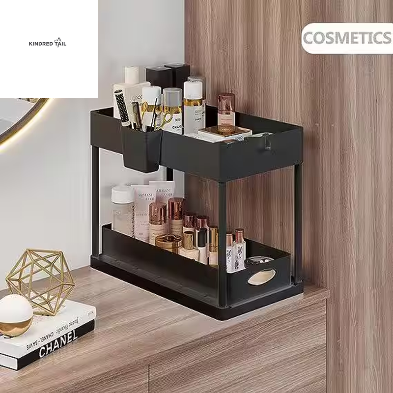 2-Tier Black Sliding Under Sink Organizer – Pull Out Cabinet Storage Basket Drawer, Heavy Duty Under Cabinet Organizer for Kitchen & Bathroom, Space Saving Storage Solution