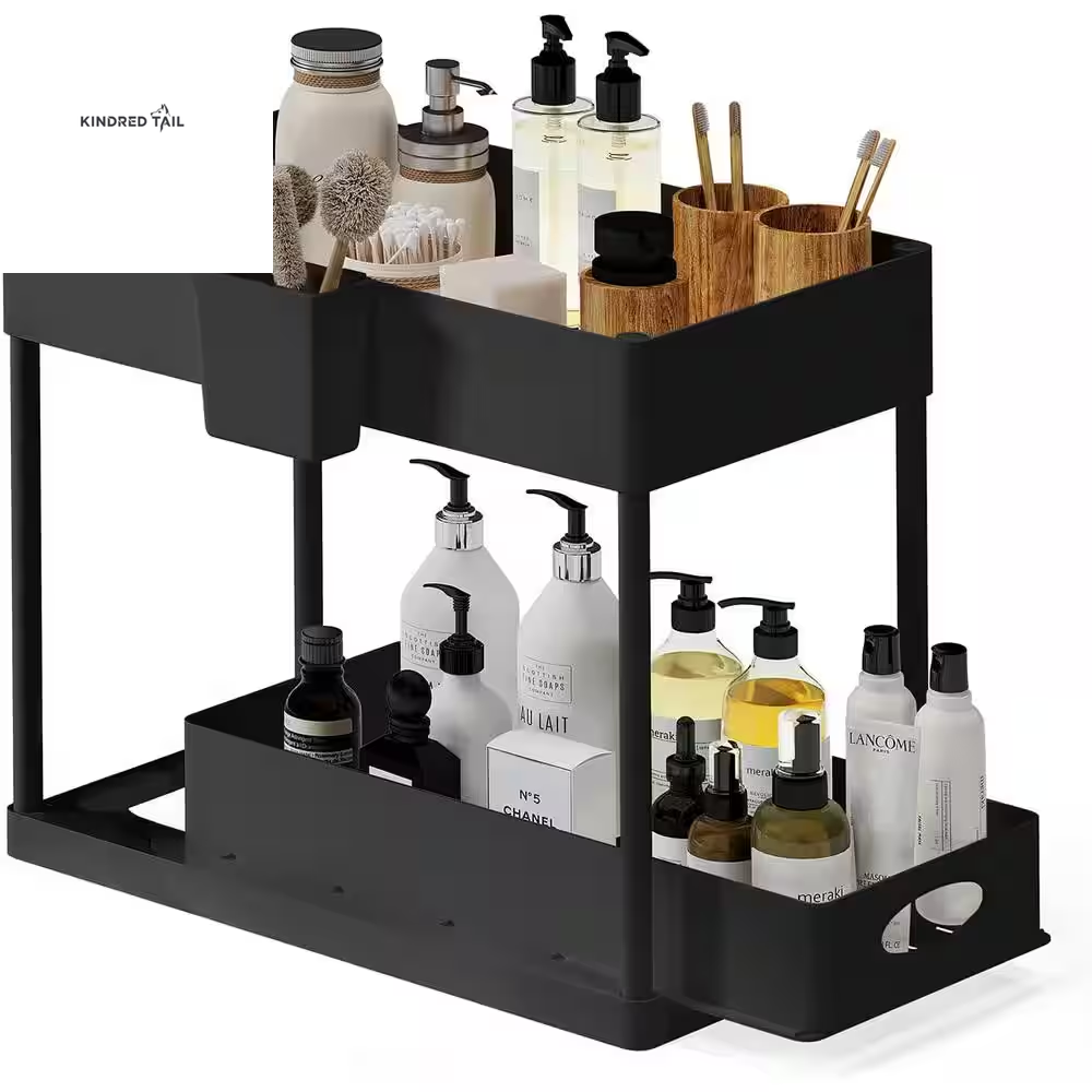 2-Tier Black Sliding Under Sink Organizer – Pull Out Cabinet Storage Basket Drawer, Heavy Duty Under Cabinet Organizer for Kitchen & Bathroom, Space Saving Storage Solution