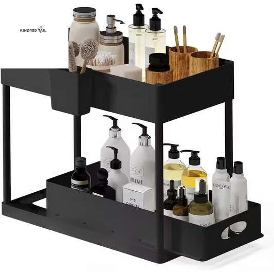 2-Tier Black Sliding Under Sink Organizer – Pull Out Cabinet Storage Basket Drawer, Heavy Duty Under Cabinet Organizer for Kitchen & Bathroom, Space Saving Storage Solution