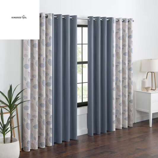 H - Larissa Leaf Sky Blue 100% Blackout Curtain Panel, 50 x 63 Inch, Botanical Print Polyester Drapes with Grommet Top, Thermal Insulated Room Darkening Window Treatment for Bedroom & Living Room, Single Panel
