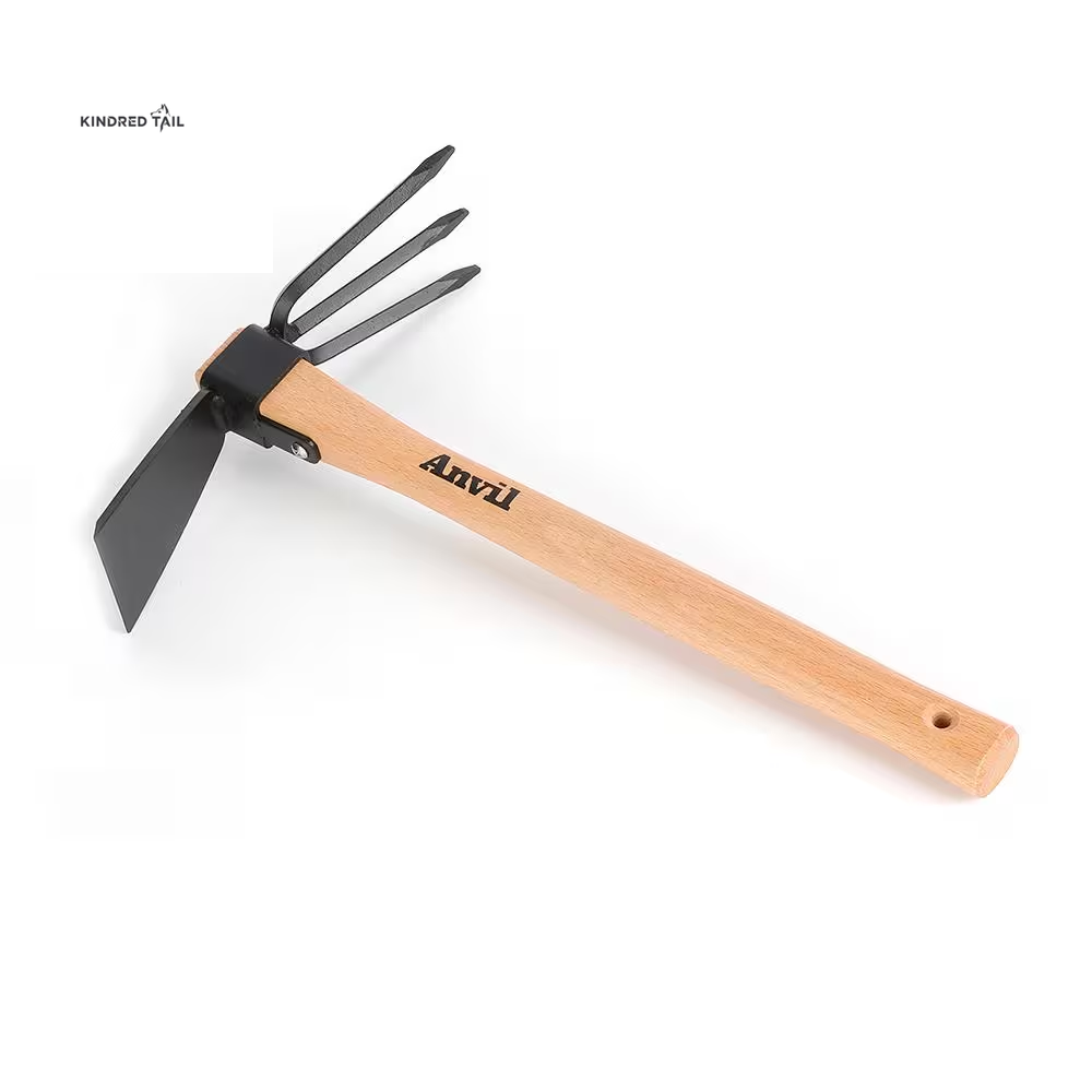 14-2/5 In. Wood Handle Digging Hoe & Cultivator Combo – Heavy Duty Garden Hoe Tool for Weeding, Soil Loosening & Planting, Durable Steel Head with Ergonomic Wooden Handle