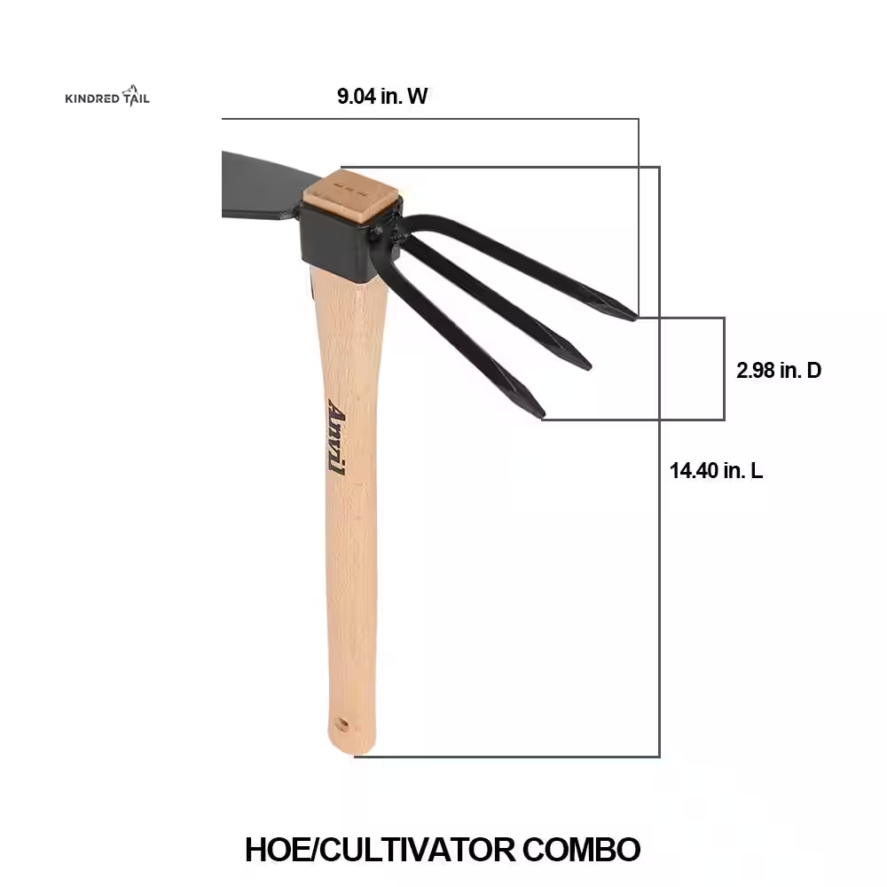 14-2/5 In. Wood Handle Digging Hoe & Cultivator Combo – Heavy Duty Garden Hoe Tool for Weeding, Soil Loosening & Planting, Durable Steel Head with Ergonomic Wooden Handle