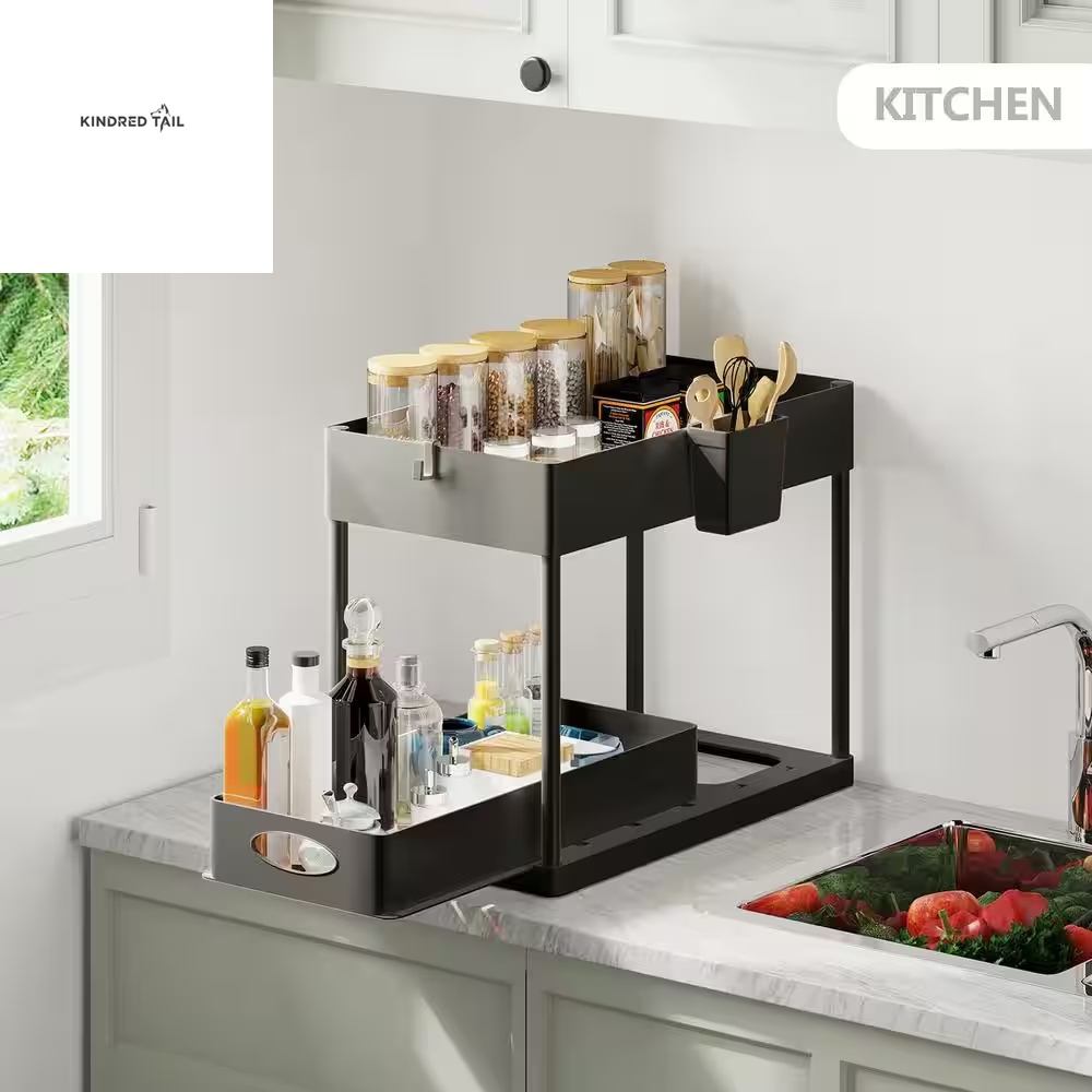 2-Tier Black Sliding Under Sink Organizer – Pull Out Cabinet Storage Basket Drawer, Heavy Duty Under Cabinet Organizer for Kitchen & Bathroom, Space Saving Storage Solution