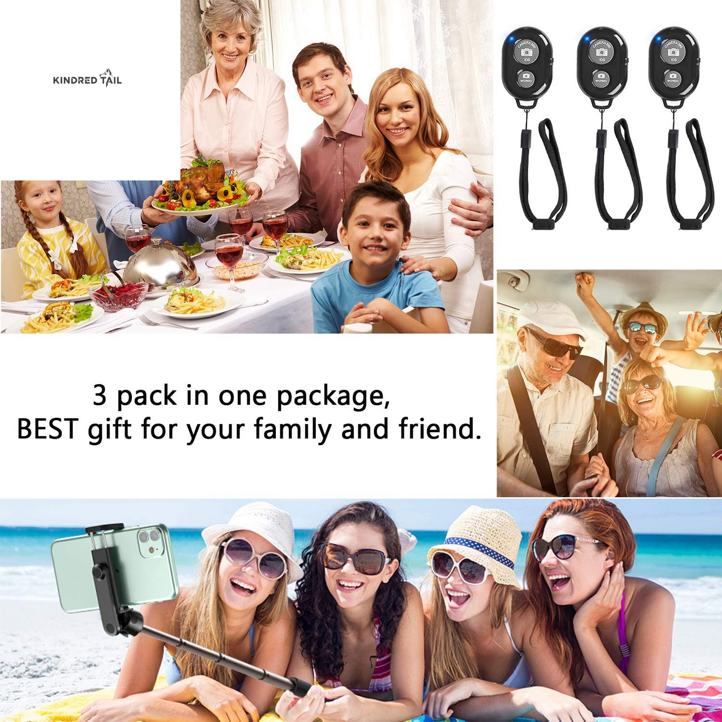 Wireless Remote Shutter for Cellphones and Tablets (3 Pack) -  Bluetooth Remote for Iphone/Android Camera Control, Selfie Clicker for Photos and Videos - Wrist Strap Included - A