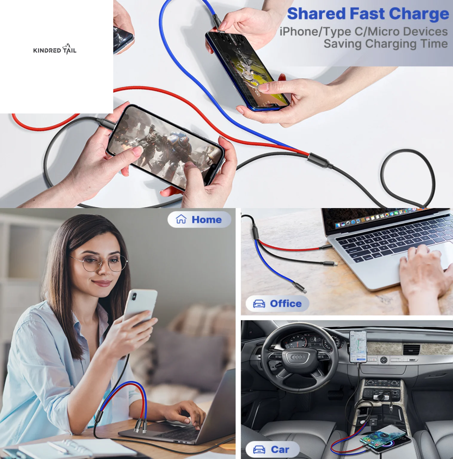 2 Pack Multi Charging Cable, 3 in 1 Multi Phone Charger Cable Fast Charging Cord with USB C, Micro USB Cable Compatible with Iphone/Ipad/Samsung/Android Phone, Black
